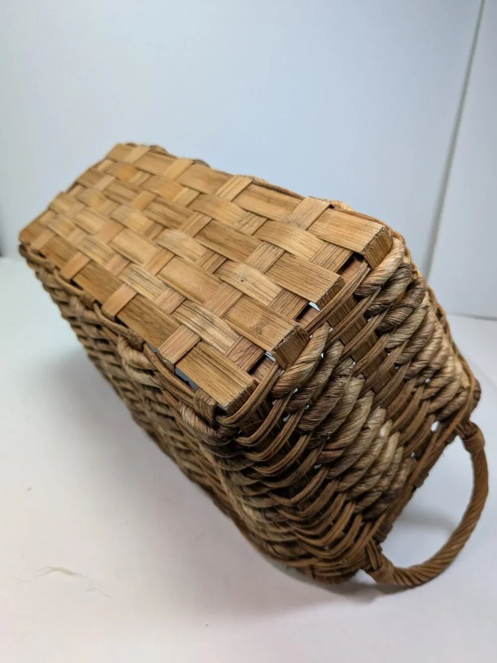 Vintage Natural Wicker Baskets Set of 2 Braided Rim & Chunky Rope Weave Baskets